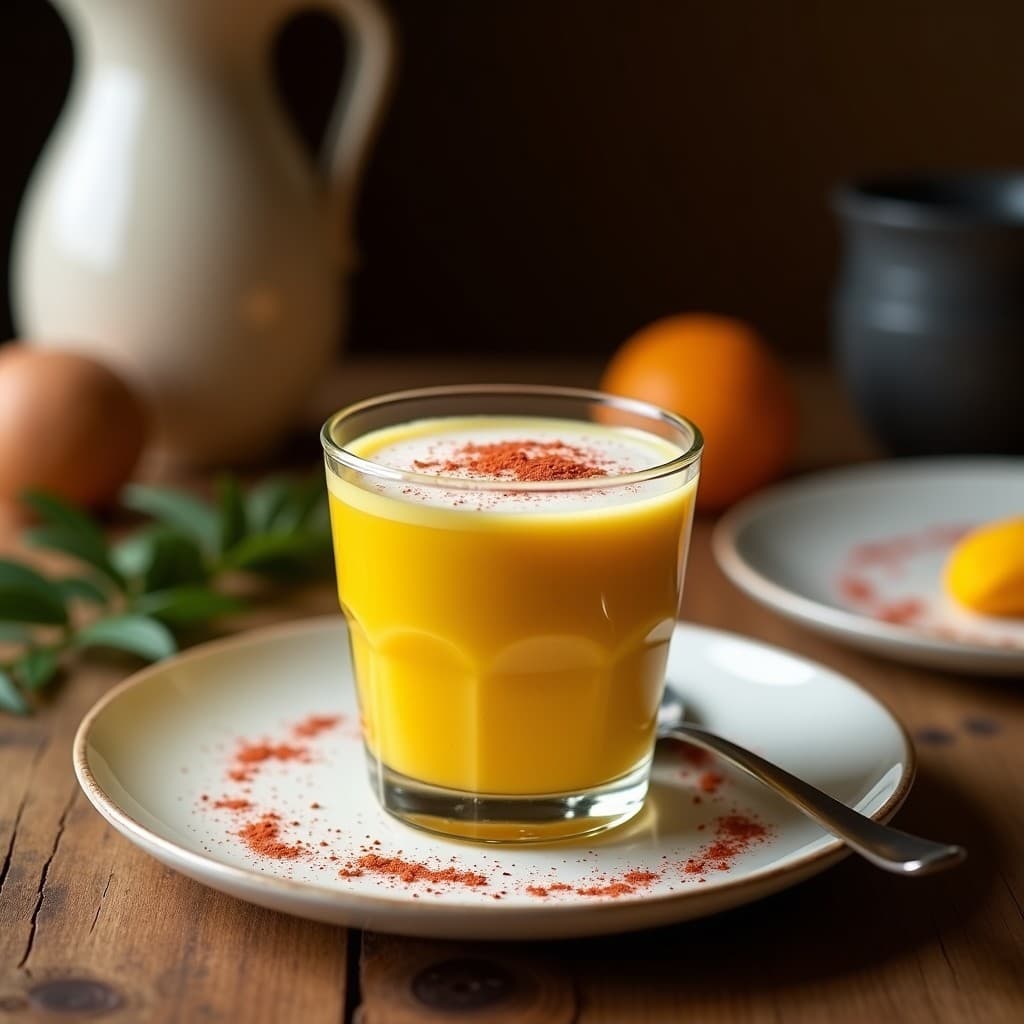 Vaso alto transparente con batido dorado de cúrcuma y pimienta rosa, coronado con espuma de coco blanca y aireada, decorado con una pizca de cúrcuma en polvo y un grano de pimienta rosa. Fondo neutro con detalles de especias y hoja de menta.
