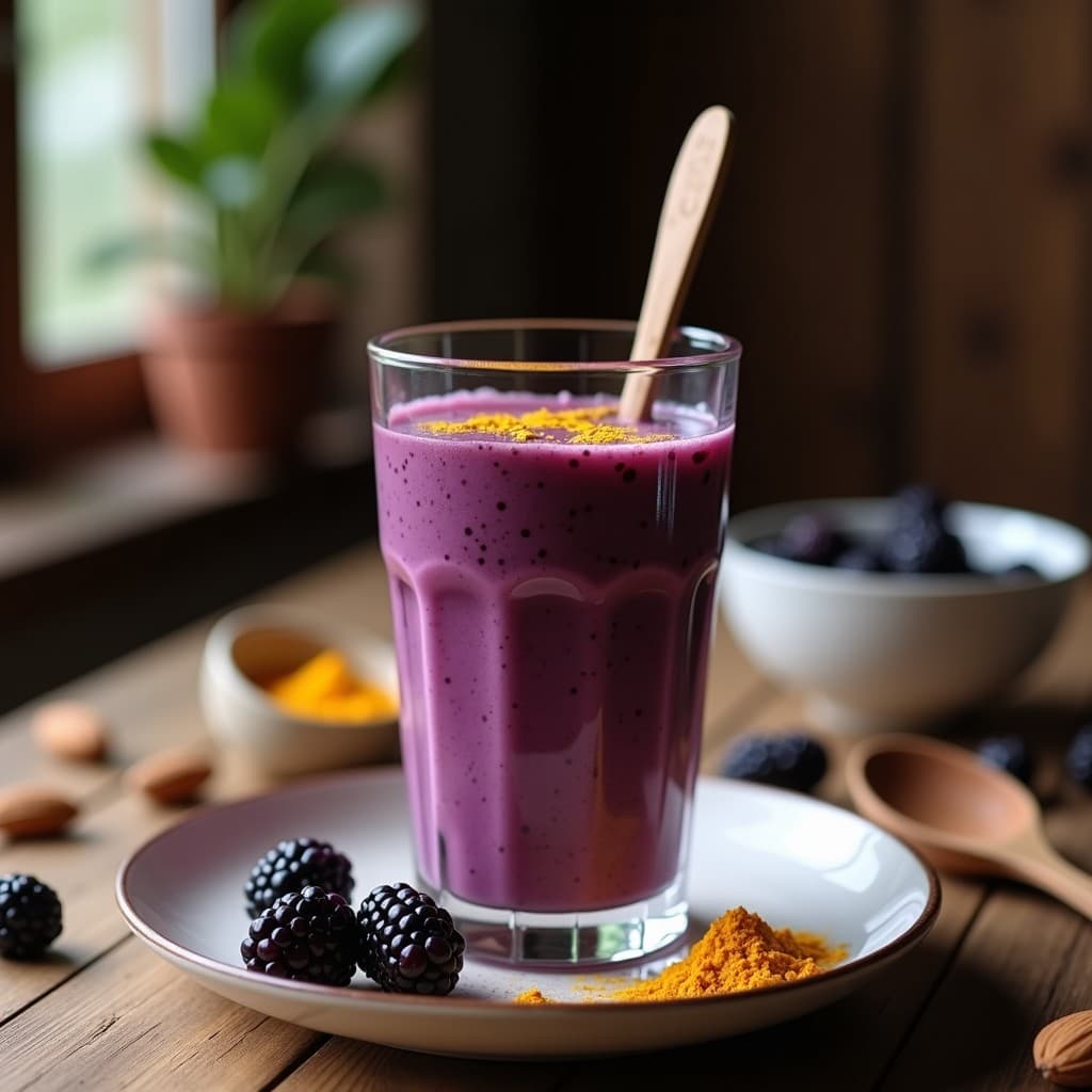 Vaso alto transparente con batido de cúrcuma y zarzamora con leche de almendras, decorado con semillas de chía y una pizca de cúrcuma en polvo, sobre una mesa de madera rústica con zarzamoras frescas y una cuchara de madera.
