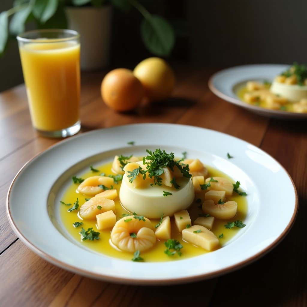 Vaso alto de cristal con batido verde cremoso de espárragos blancos y manzana verde, decorado con rodajas de limón y jengibre rallado, sobre una mesa de madera con ingredientes frescos al fondo: espárragos blancos, manzana verde y trozos de jengibre. Bebida desintoxicante y diurética lista para servir.