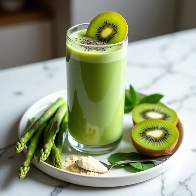 Vaso alto transparente con batido verde cremoso de espárragos y kiwi, decorado con rodajas de kiwi y semillas de chía. Fondo blanco con ingredientes frescos alrededor: espárragos verdes, kiwi cortado y proteína en polvo.