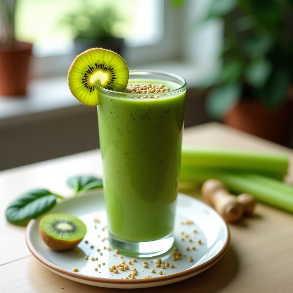 Vaso alto transparente con Batido de Espinacas, Kiwi y Jengibre, de color verde vibrante, decorado con semillas de cáñamo y una rodaja de kiwi. fondo claro con hojas de espinacas frescas y un tallo de apio.