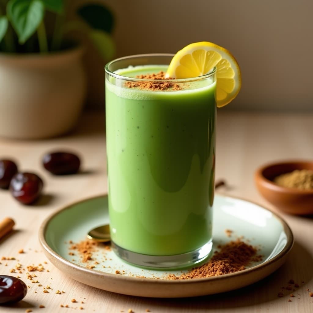 Vaso alto de cristal con batido de espirulina y leche de camella, de color verde azulado suave, decorado con una pizca de cardamomo en polvo y una rodaja de limón confitado. Fondo de textura desértica con tonos arena y luz natural.