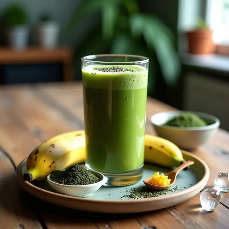 Vaso alto de cristal con batido verde oscuro de espirulina y maracuyá, coronado con semillas de chía. Fondo con ingredientes: plátano, pulpa de maracuyá y cucharada de espirulina en polvo sobre una mesa de madera rústica.