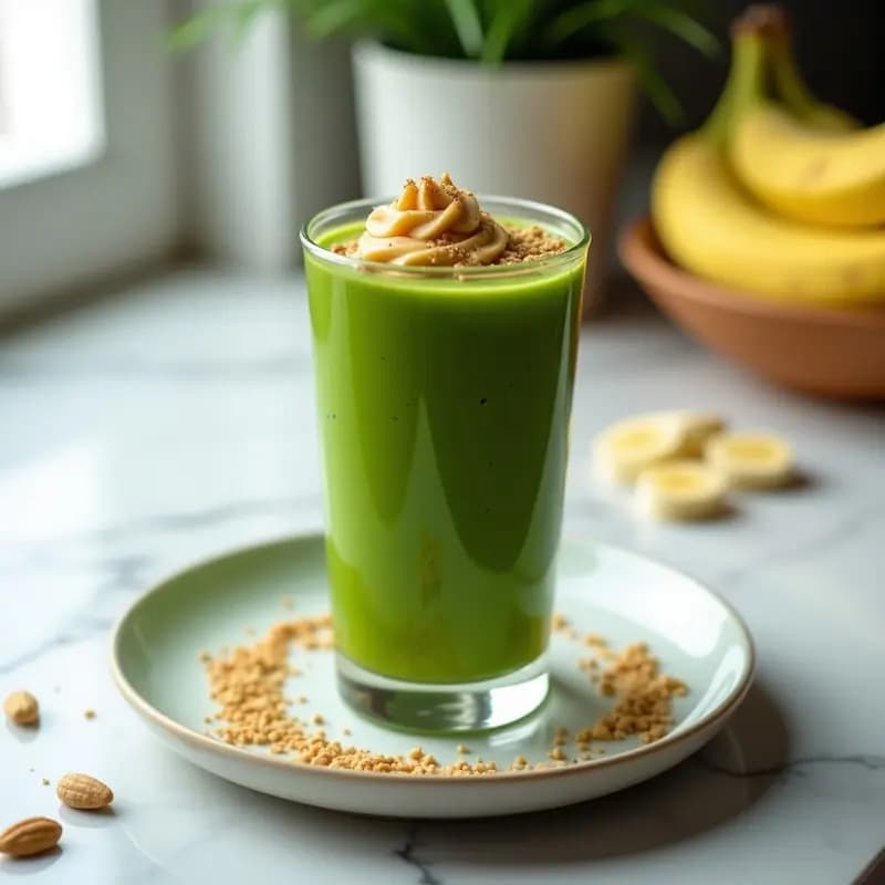 Vaso alto transparente con batido verde vibrante de espirulina, plátano y cacahuete, decorado con un hilo de mantequilla de cacahuete y espirulina en polvo en la superficie. Fondo blanco con luz natural que resalta el color verde eléctrico del batido.