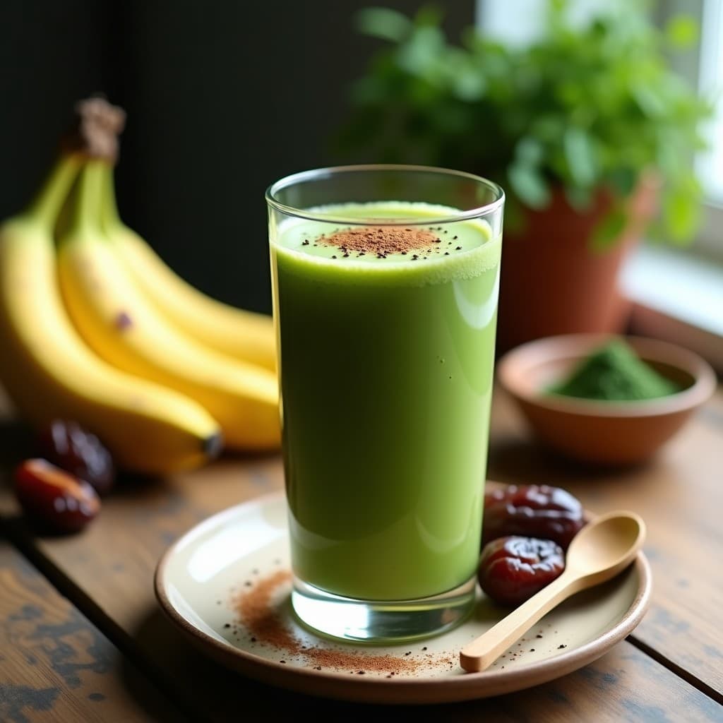 Vaso alto transparente con batido verde espeso de espirulina y plátano, decorado con semillas de chía y canela en polvo, sobre una mesa de madera con ingredientes al fondo: plátanos, dátiles y una cucharada de espirulina.