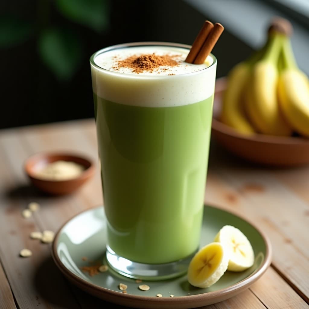 Vaso alto transparente con batido de espirulina, plátano y leche de avena, color verde suave con espuma cremosa, decorado con una pizca de canela y rodajas de plátano. Bebida superfoods sin lactosa lista para servir.