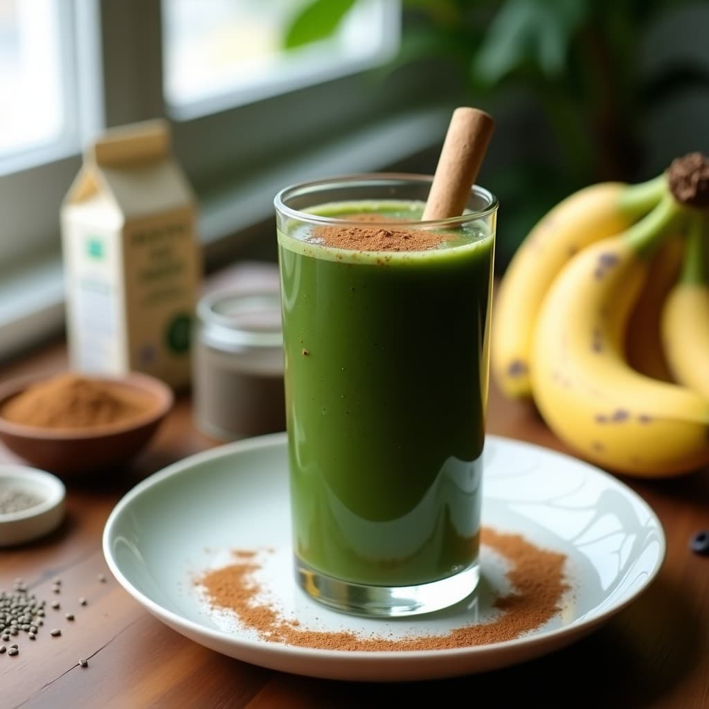 Vaso alto transparente con batido de espirulina y plátano macho keto sin azúcar, de color verde oscuro y textura cremosa, decorado con una pizca de canela en polvo y semillas de chía en la superficie, sobre una mesa de madera rústica con ingredientes al fondo.