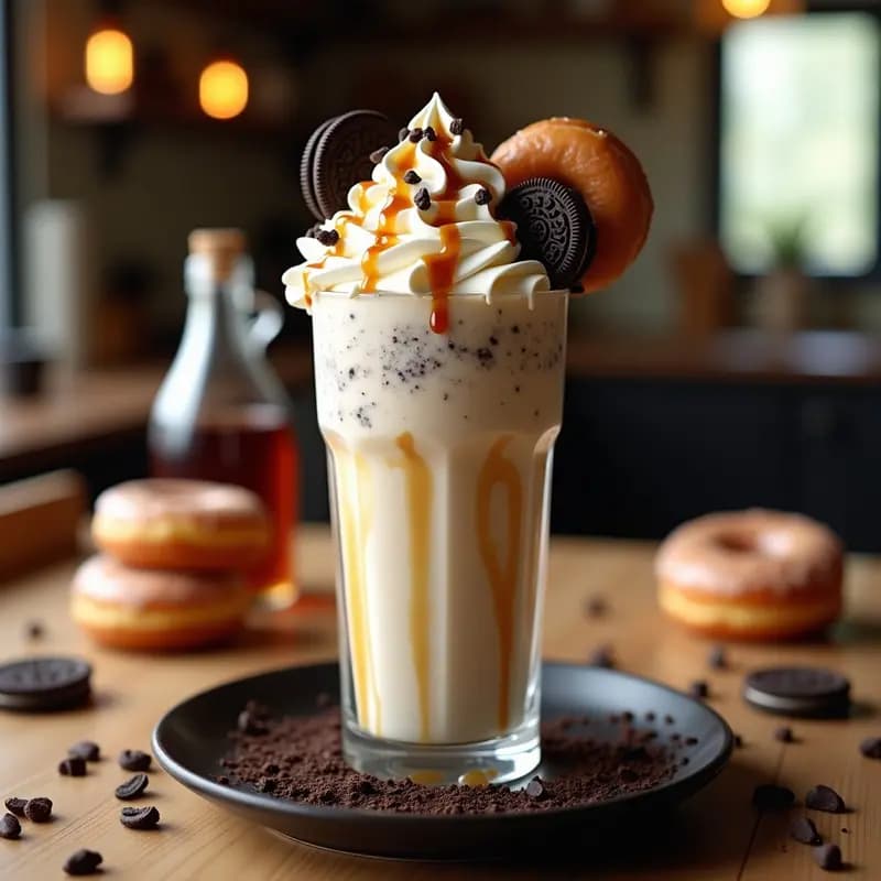 Vaso alto de cristal con batido freakshake de galletas Oreo y helado de vainilla, coronado con nata montada, sirope de caramelo, chocolate derretido y medio donut glaseado. Fondo borroso de cocina con ingredientes dispersos como Oreo, donuts y sirope.