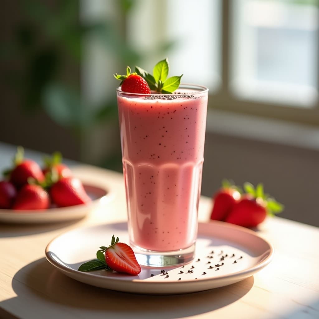 Vaso alto transparente con batido de fresa y albahaca detox sin lácteos, color rosa vibrante con semillas de chía en suspensión, decorado con una fresa en rodajas y una hoja de albahaca fresca. Fondo claro con luz natural.