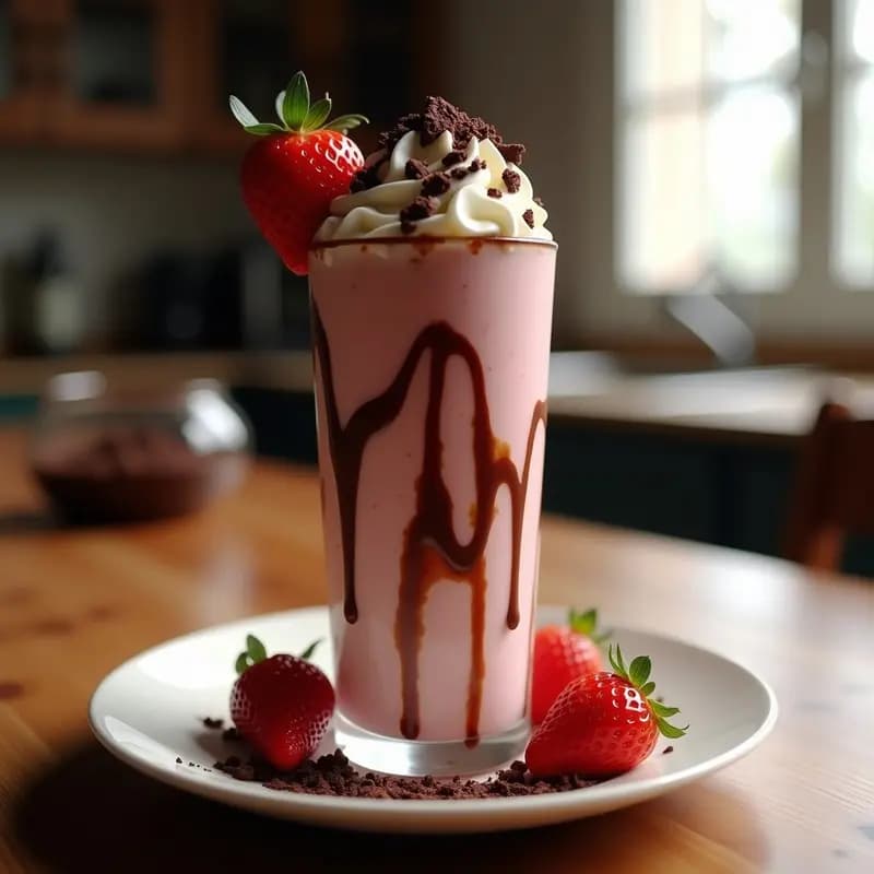 Vaso alto de cristal con batido de fresas, brownie y helado de vainilla, decorado con sirope de chocolate en espiral, trozos de brownie, fresas enteras y virutas de chocolate negro. Fondo desenfocado con texturas cremosas y colores vibrante.