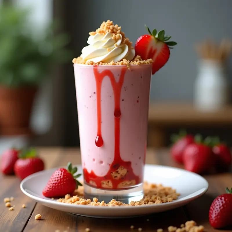 Vaso alto transparente con batido de fresas rosado espeso, capas de cheesecake desmenuzado, nata montada blanca, sirope de fresa rojo brillante y galleta Digestive triturada por encima. Fresas frescas en láminas como decoración final.