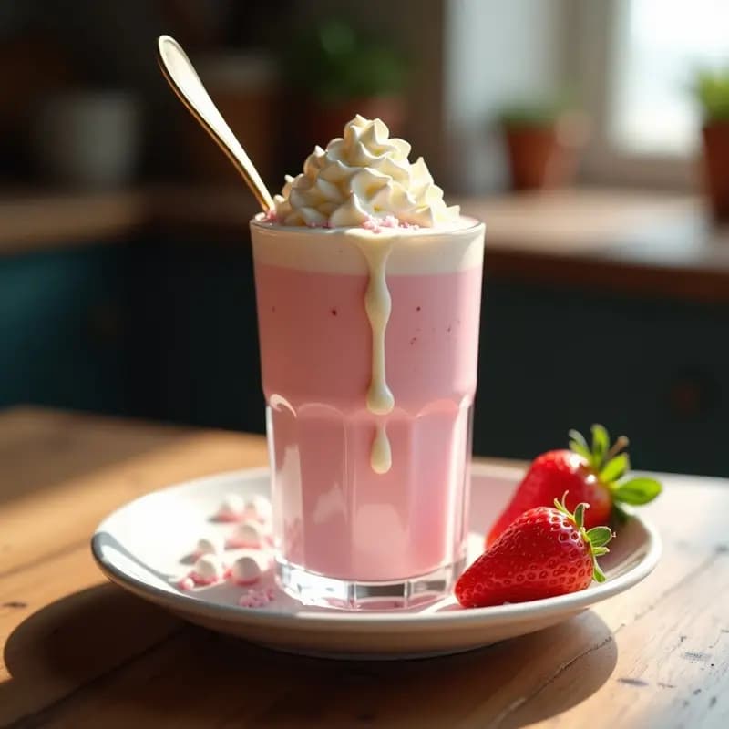 Vaso alto transparente relleno de batido rosa cremoso de fresas y chocolate blanco, coronado con malvaviscos blancos esponjosos y hilos de chocolate derretido, servido con una cuchara larga y fondo desenfocado.