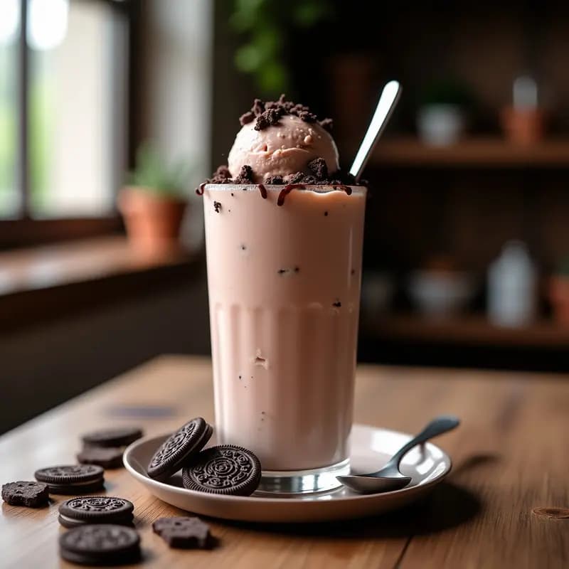 Batido espeso y cremoso en vaso alto, de color marrón rosado, coronado con helado de fresa, polvo de galletas Oreo y un hilo de Nutella. Fondo borroso con galletas Oreo y cuchara de metal.