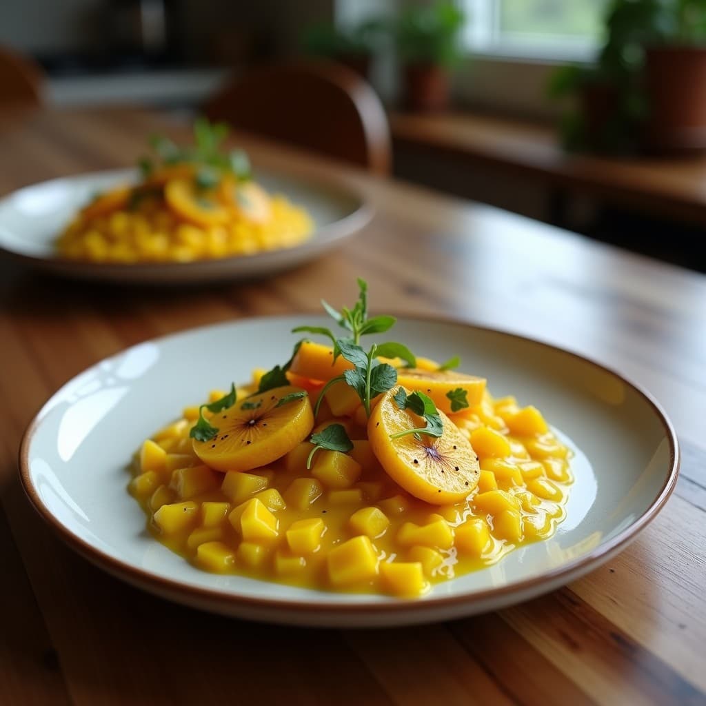 Vaso alto de cristal con batido de golden milk espeso y dorado, decorado con una pizca de canela en polvo y semillas de calabaza tostadas en la superficie. Al fondo, rodajas de plátano macho y una cuchara de madera. Luz natural resaltando la textura cremosa y los colores cálidos de la bebida antiinflamatoria.