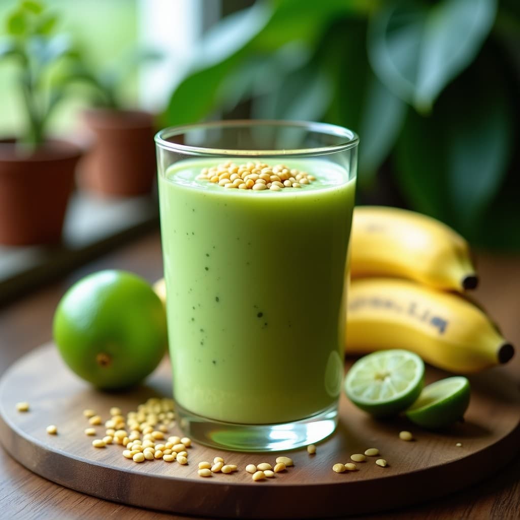 Vaso alto transparente con batido de guanábana y espirulina, de color verde claro y textura cremosa, coronado con semillas de sésamo tostadas. Fondo con hojas de plátano y rodajas de limón verde, iluminación natural que resalta su frescura. Bebida tropical detox.