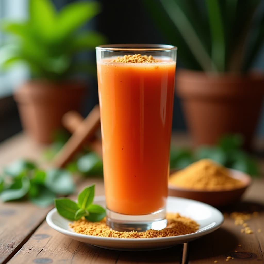 Vaso alto transparente con batido cremoso de color naranja-rojizo, coronado con semillas de sacha inchi doradas y una pizca de canela. Fondo con hojas verdes tropicales y polvo de guaraná esparcido. Bebida amazónica energizante sin azúcar.