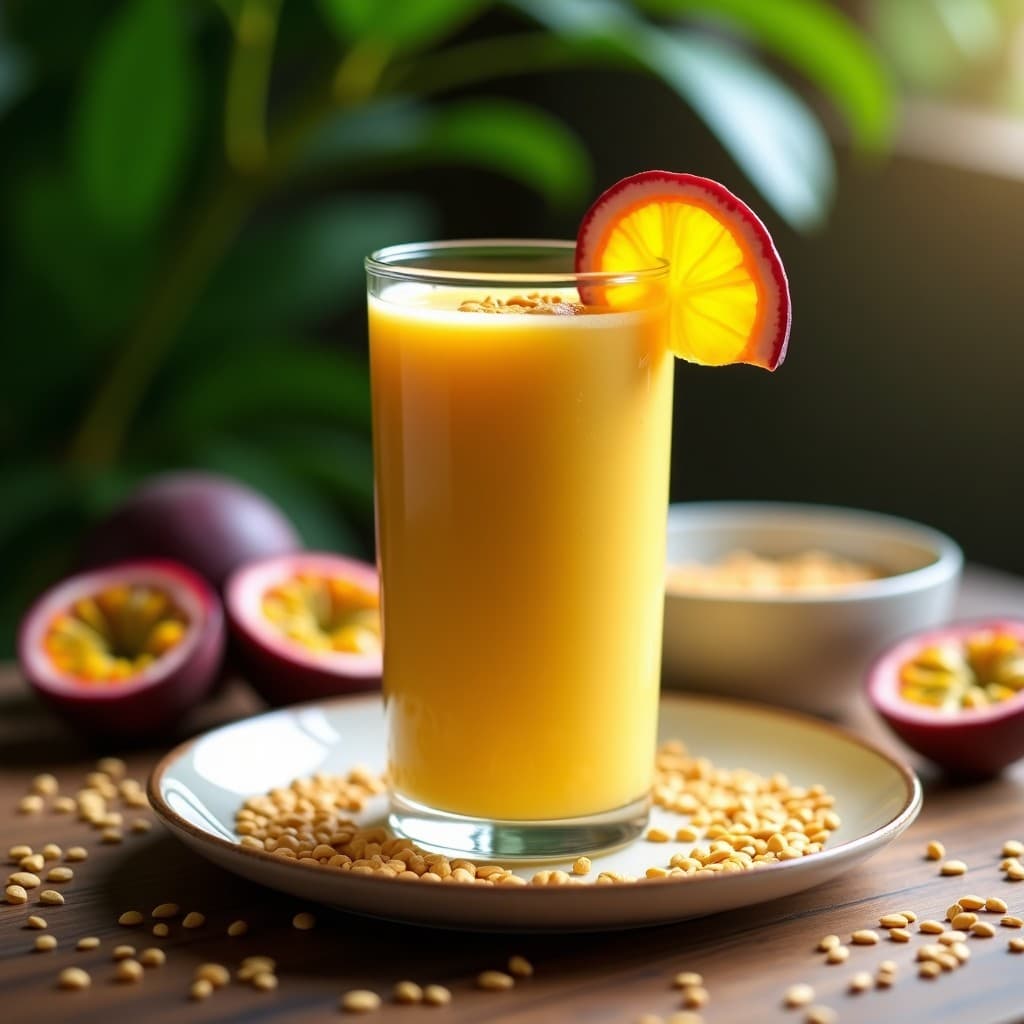 Vaso alto transparente con batido cremoso de color amarillo dorado, decorado con semillas de lino y una rodaja de maracuyá en el borde. Fondo con hojas tropicales y luz natural, destacando la textura fresca y energética de la bebida brasileña de guaraná y maracuyá.