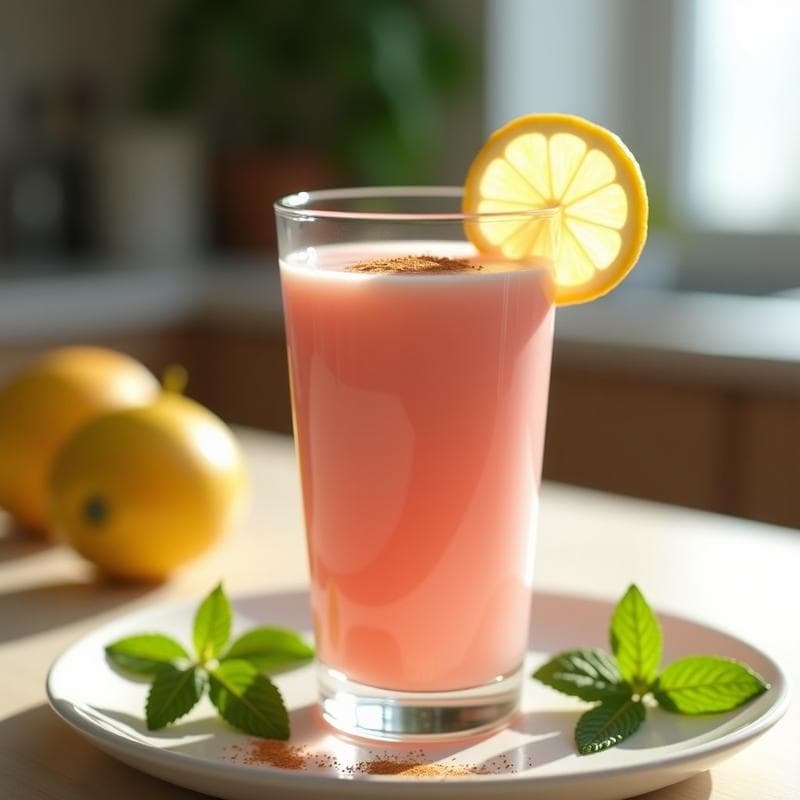 Vaso alto transparente con batido de guayaba y aloe vera con linaza, de color rosado claro y textura cremosa, decorado con una rodaja de limón y una pizca de canela en polvo. Fondo neutro con hojas de menta fresca.