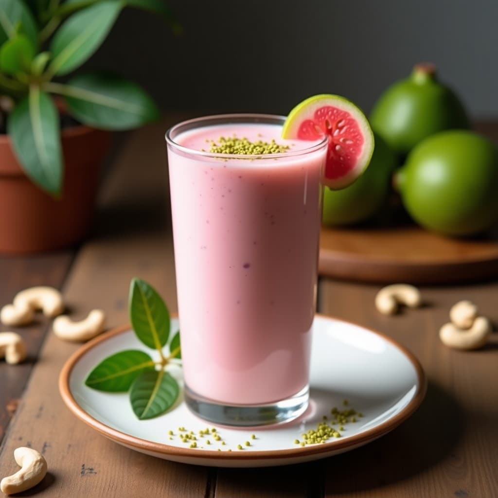 Vaso alto transparente con batido cremoso de color rosado claro, decorado con semillas de cardamomo y una rodaja de guayaba fresca. Fondo rústico con hojas verdes y anacardos enteros.
