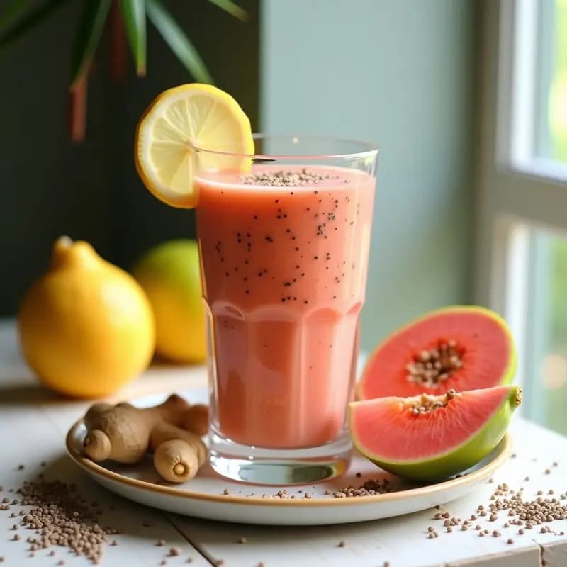 Vaso alto transparente con batido de guayaba y chía con toques de jengibre, decorado con semillas de chía y una rodaja de limón al bordo. Fondo claro con ingredientes dispersos: guayabas enteras, jengibre fresco y semillas de chía.