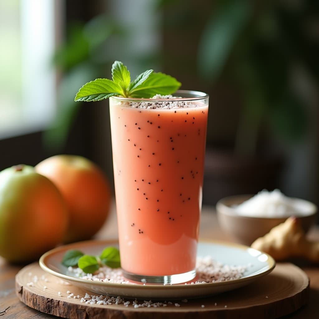 Vaso alto transparente con batido de guayaba y chía con jengibre fresco, bebida antioxidante caribeña, decorado con hojas de menta y coco rallado sobre fondo de madera rústica con guayabas enteras y semillas de chía esparcidas.
