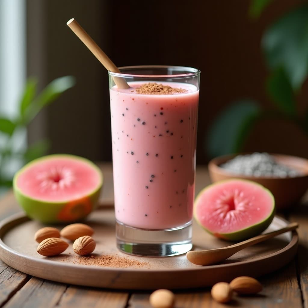 Vaso alto transparente con batido de guayaba y chía con leche de almendras, bebida colombiana desintoxicante, decorado con canela en polvo y semillas de chía en la superficie, fondo blanco con hojas verdes.