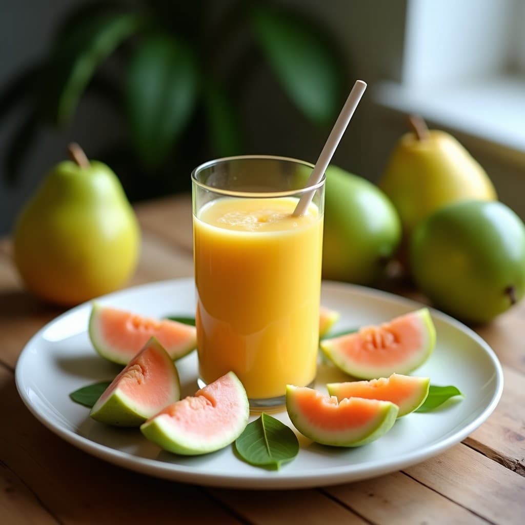 Vaso alto transparente con batido de guayaba y jengibre con agua de coco, decorado con semillas de chía en suspensión y una rodaja de limón al borde. Fondo con hojas de menta y luz natural que resalta el color rosado del batido.