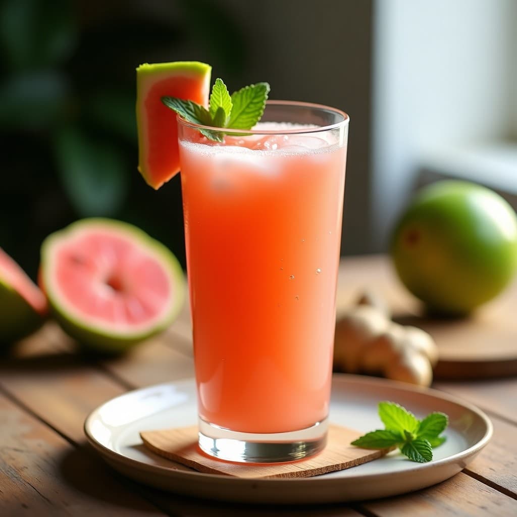 Vaso alto transparente con batido de guayaba y jengibre sin lactosa, de color rosado vibrante, decorado con rodaja de jengibre y hoja de menta, con fondo de guayabas frescas y trozos de jengibre. Bebida tropical refrescante con toque picante.