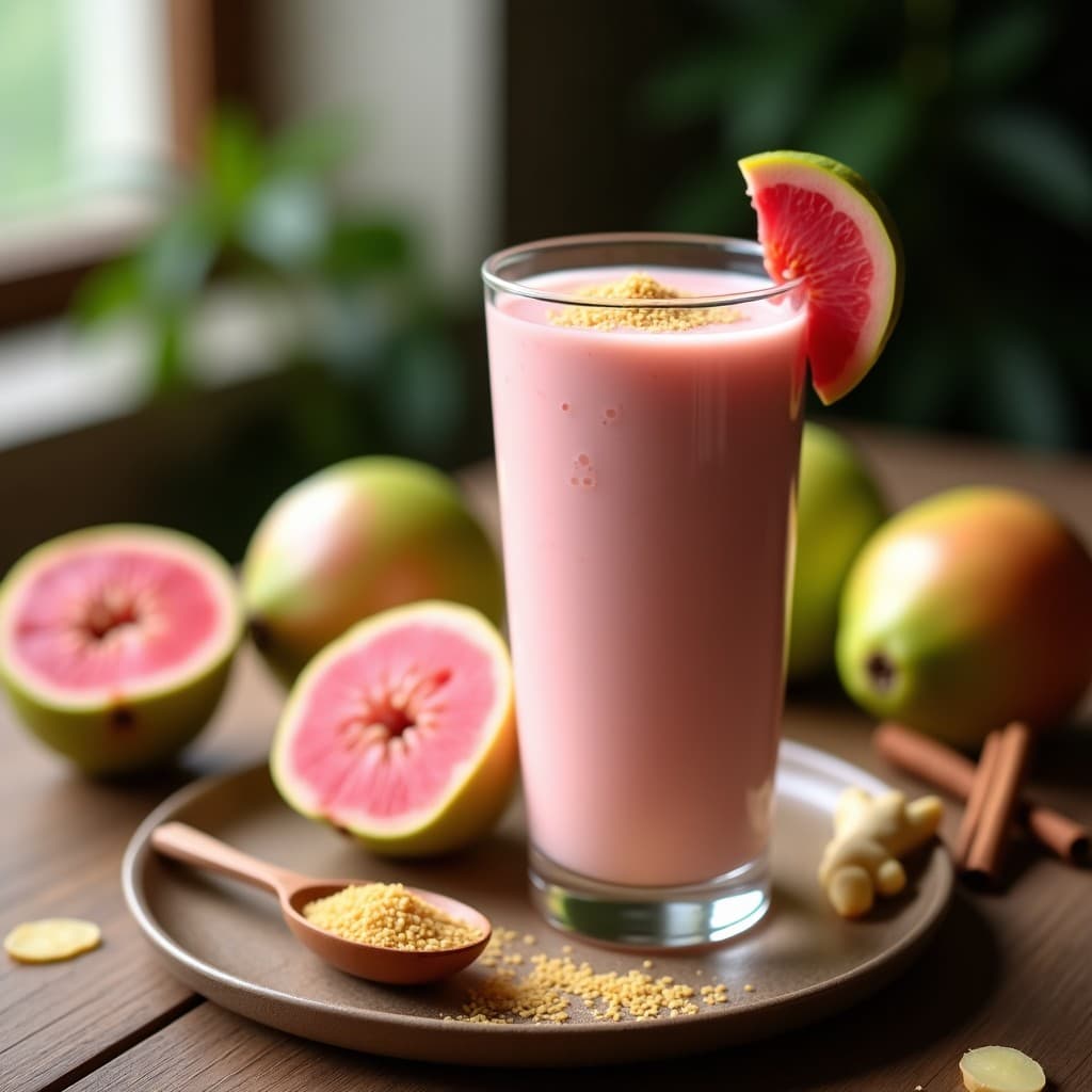 Vaso alto transparente con batido cremoso de color rosado claro, decorado con semillas de linaza dorada y una rodaja de guayaba fresca en el borde. Fondo con ingredientes dispersos: guayabas cortadas, cucharada de linaza y jengibre rallado sobre una mesa de madera rústica.