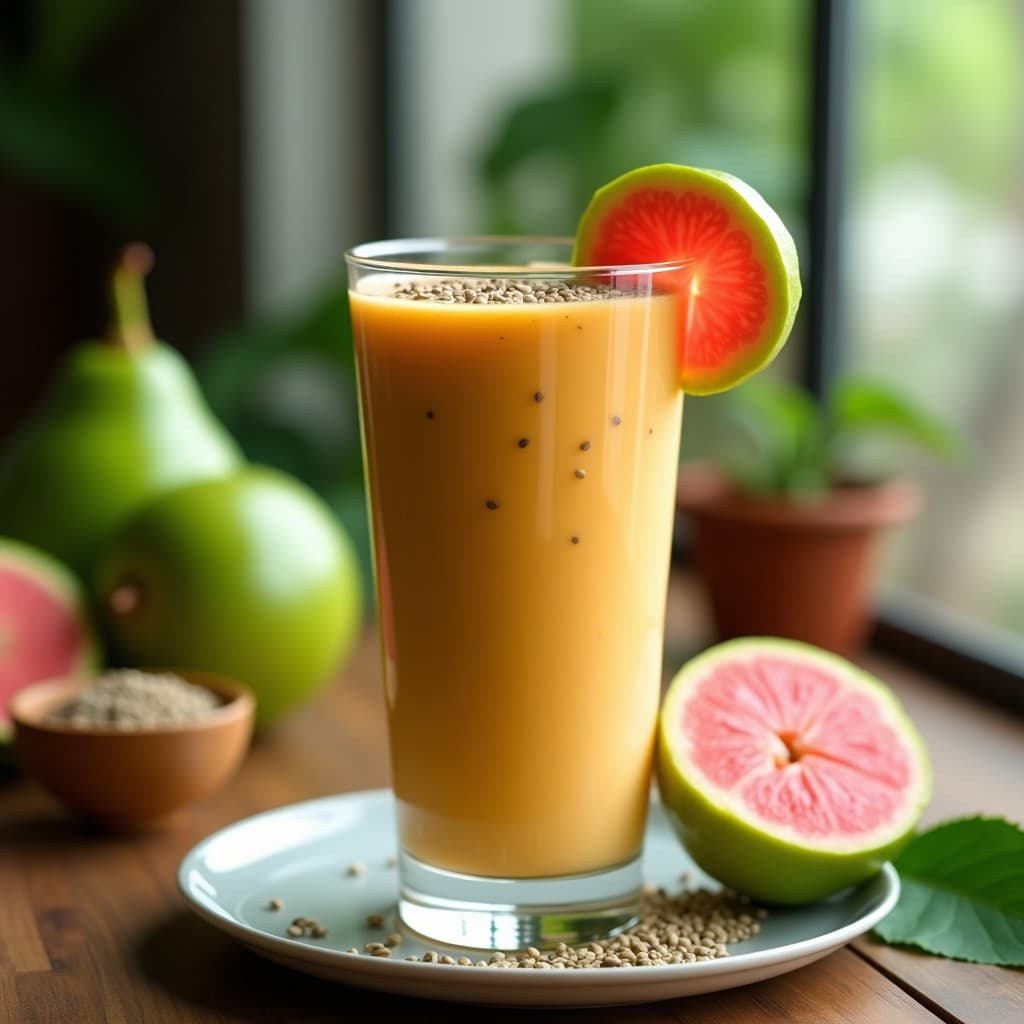 Vaso alto transparente con batido de guayaba y semillas de moringa, de color naranja-verde pálido, coronado con semillas de moringa espolvoreadas y una rodaja de guayaba rosada. Fondo con hojas de moringa y guayabas enteras sobre una mesa de madera rústica.
