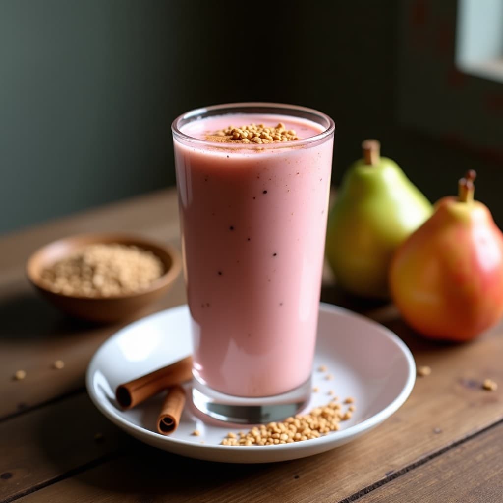 Vaso alto transparente con batido cremoso de color rosado claro, decorado con semillas de chícharo tostadas y una pizca de canela en polvo. Al fondo, guayabas frescas y un cuenco con semillas de chícharo. Receta de Batido de Guayaba y Semillas de Chícharo con Toque de Canela.