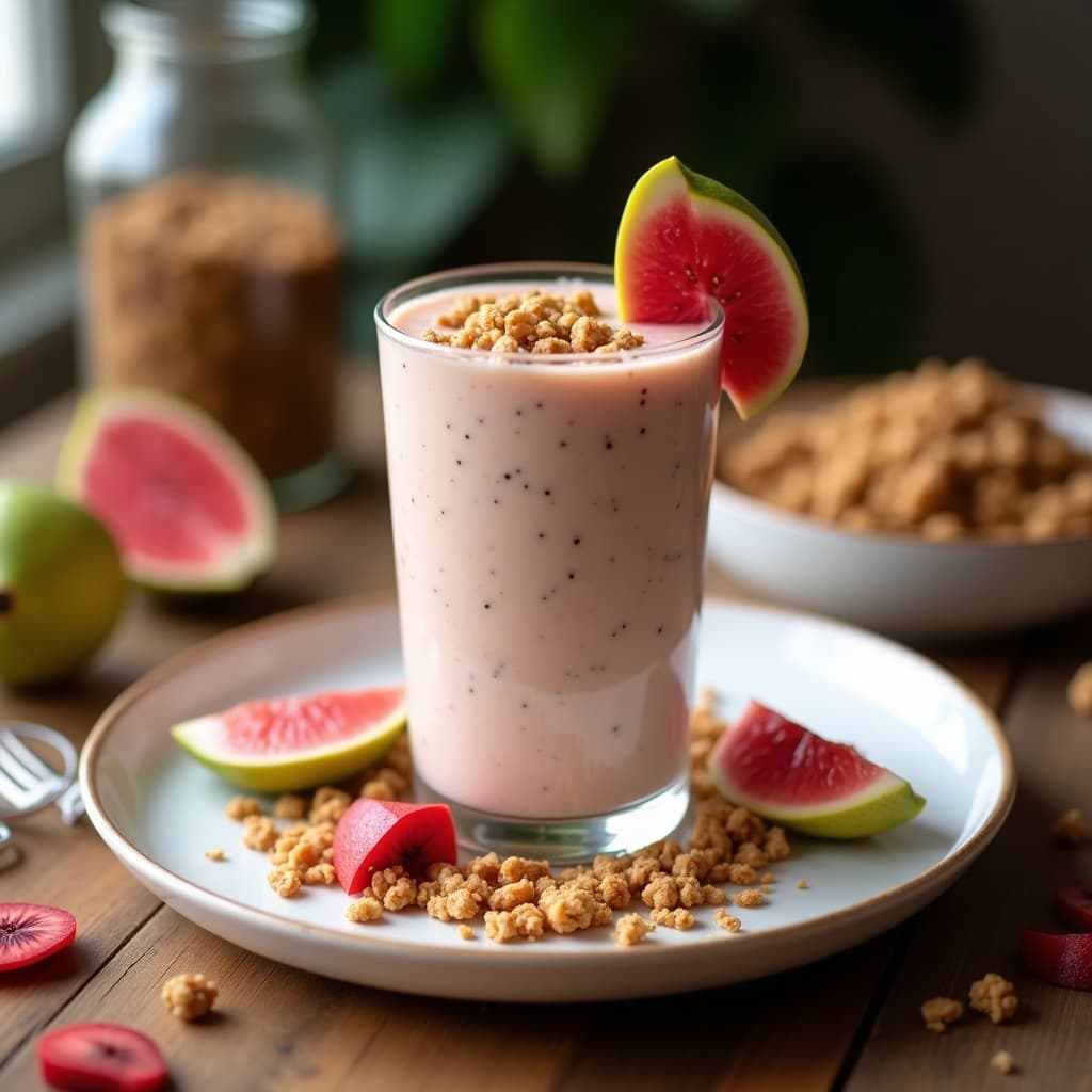 Batido cremoso de color rosado claro servido en un bowl de cerámica blanca, coronado con granola de quinoa dorada, coco rallado y un espolvoreado de canela. Al fondo, una guayaba cortada y hojas de menta fresca.