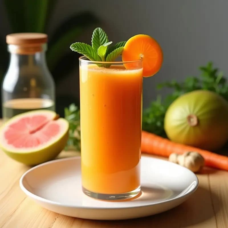 Vaso alto transparente con batido de guayaba y zanahoria con jengibre, de color naranja vibrante, decorado con una rodaja de zanahoria y una hoja de menta. Fondo claro con ingredientes frescos: guayaba cortada, zanahoria y jengibre al lado.