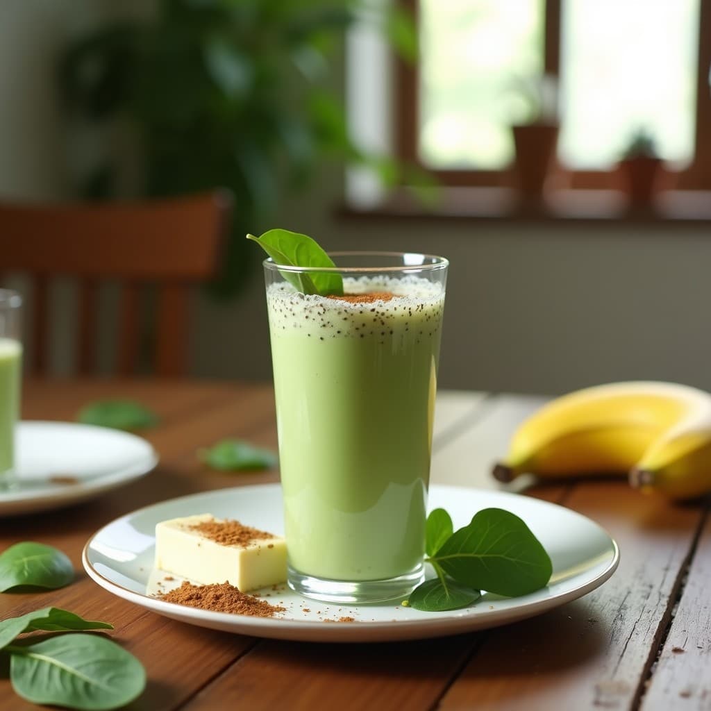 Vaso transparente con batido cremoso de color verde claro, decorado con semillas de chía y una pizca de canela, servido sobre una mesa de madera con espinacas frescas y un queso Kiri al lado. Receta de batido de Kiri y espinacas con semillas de chía alto en calcio y hierro para niños.