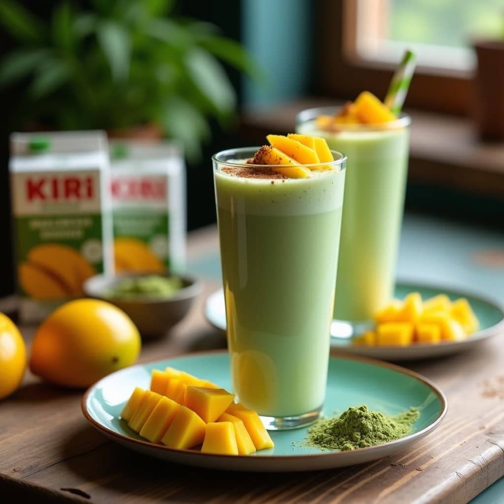 Vaso alto transparente con batido de Kiri y mango con espirulina, color crema con tonos verdes, decorado con cubitos de mango y canela en polvo, sobre una mesa de madera con ingredientes al fondo.