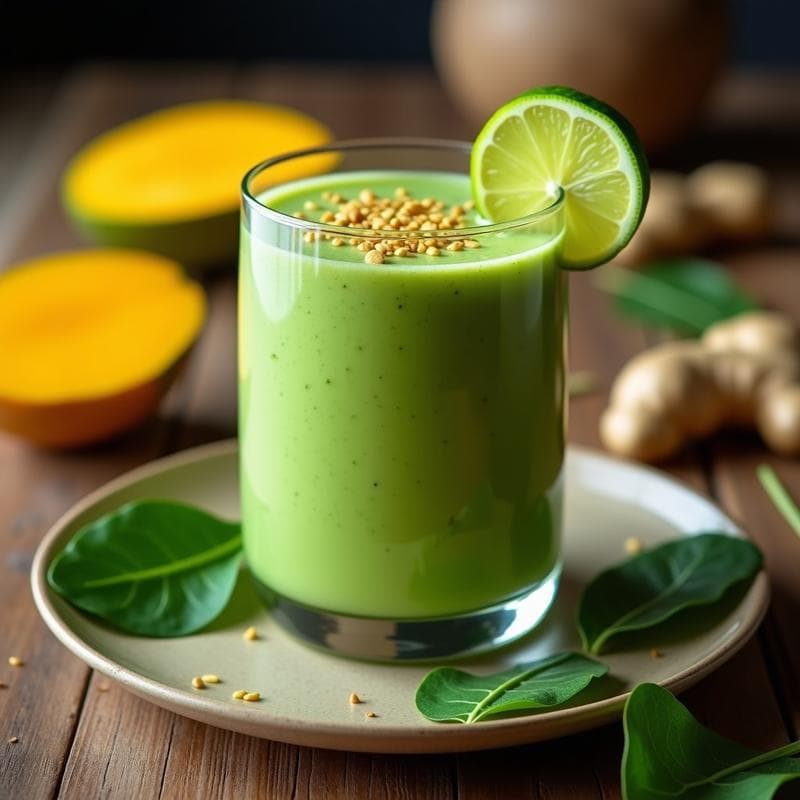 Vaso alto transparente con batido verde vibrante de kiwicha y mango, coronado con semillas de linaza y rodajas de limón, sobre fondo rústico de madera con hojas de espinaca y trozos de jengibre fresco a los lados.