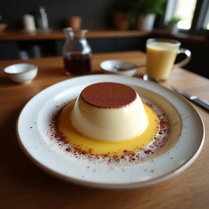 Vaso alto transparente con batido cremoso de leche, plátano y cacao, espolvoreado con cacao en polvo y decorado con una rodaja de plátano. Fondo de cocina casera con ingredientes visibles.