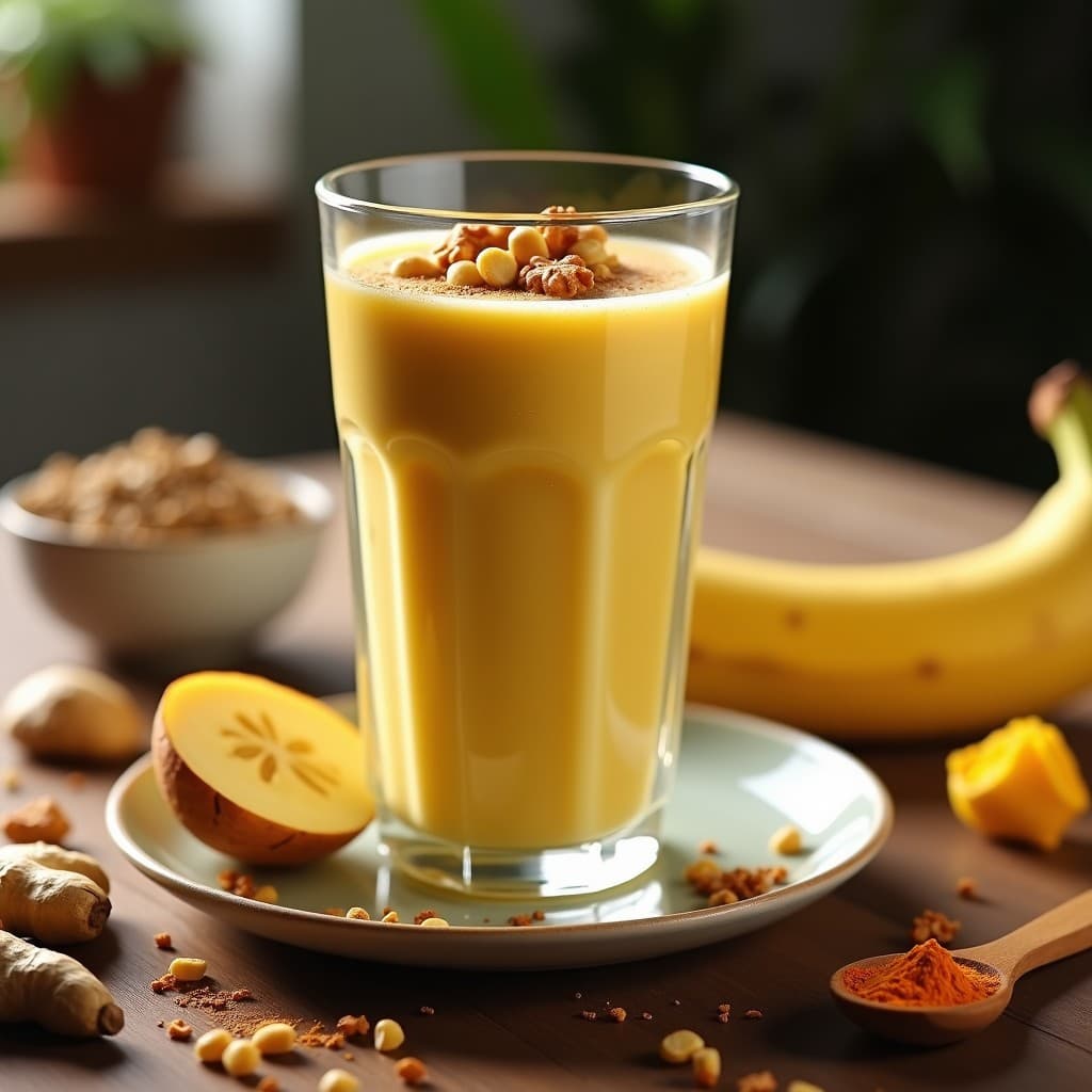 Vaso alto transparente con batido de lucuma y leche de camello, color dorado cremoso, decorado con canela en polvo y nueces picadas, sobre fondo rústico de madera con ingredientes como plátano y semillas de chía alrededor.