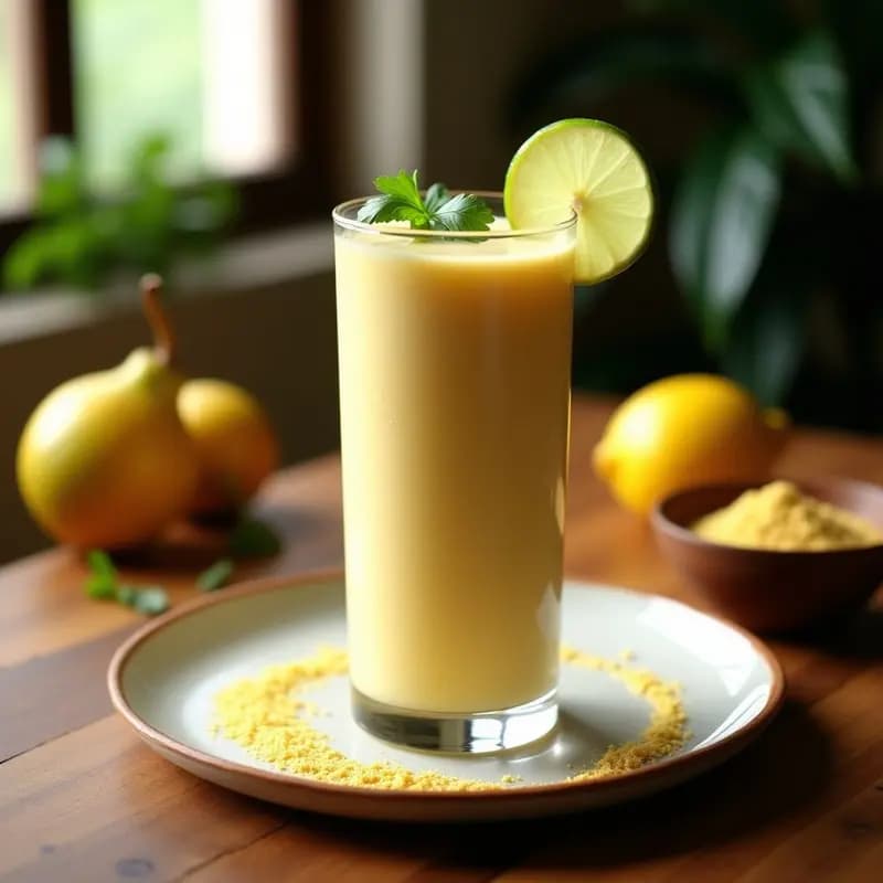 Vaso alto transparente con batido cremoso de color beige dorado, decorado con rodaja de limón y hojas de cilantro, sobre fondo rústico de madera. Bebida andina energizante de lucuma, leche de tigre y baobab.