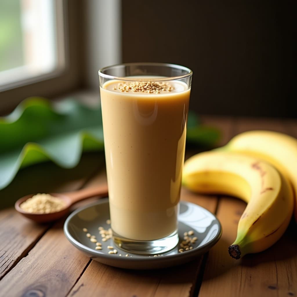 Vaso alto de cristal con batido de maca andina y plátano, de color beige cremoso, decorado con una pizca de maca en polvo y canela. Fondo con ingredientes como plátano, dátiles y semillas de chía dispersos sobre una mesa de madera rústica. Bebida peruana alta en energía sin lactosa.