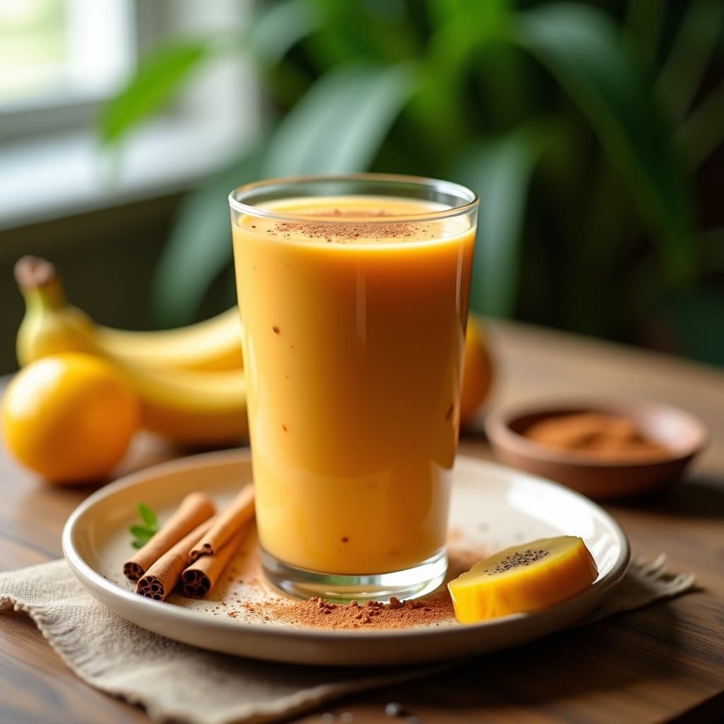 Vaso alto transparente con batido de mamey y avena con canela, de color naranja cremoso, espolvoreado con canela en polvo y semillas de chía visibles. Fondo con hojas de plátano y rodajas de mamey fresco como decoración.