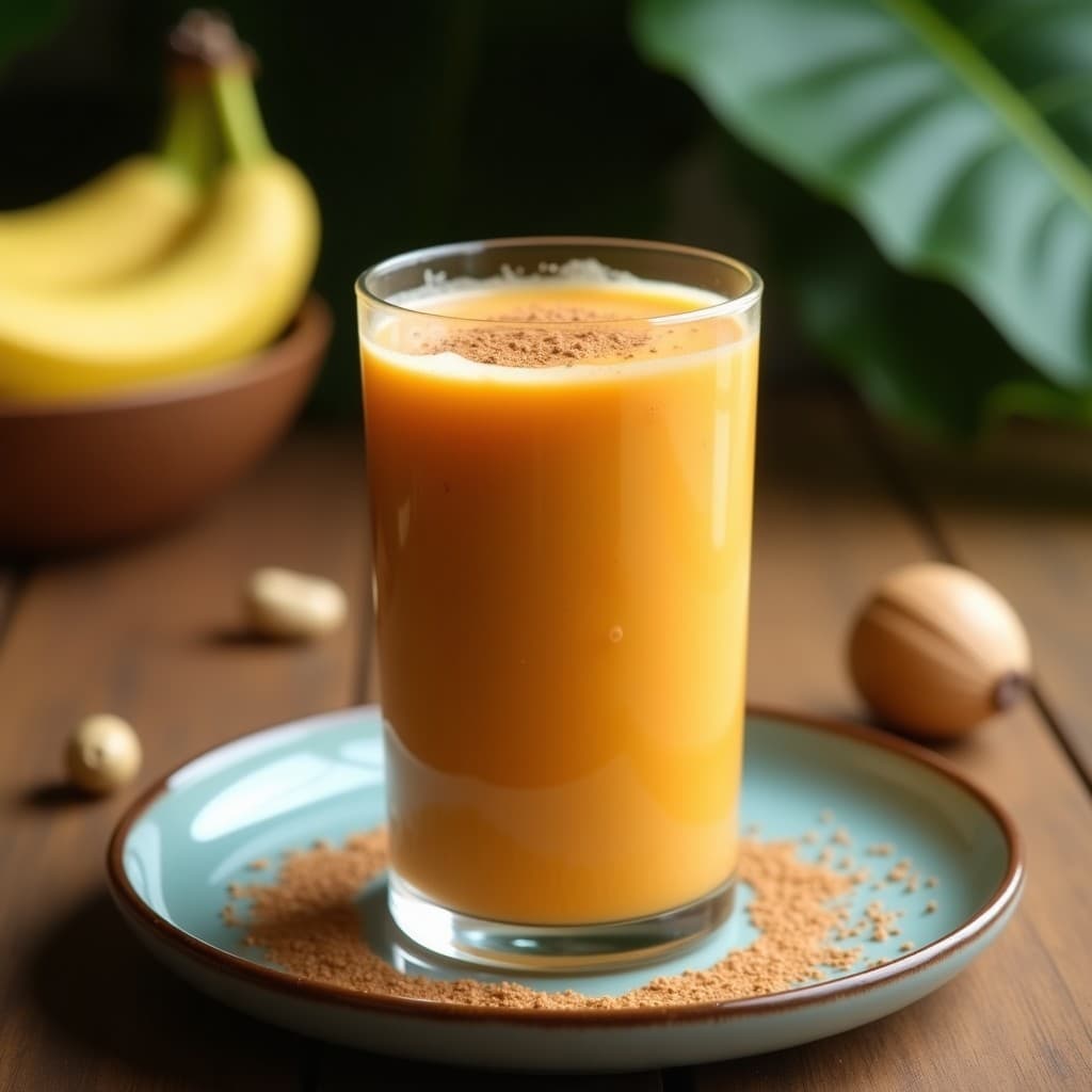 Vaso alto de cristal con batido de mamey sapote y leche de anacardo, de color naranja cremoso, decorado con canela en polvo y semillas de chía. Fondo con hojas de plátano y anacardos enteros, luz natural resaltando la textura sedosa de la bebida colombiana vegana.