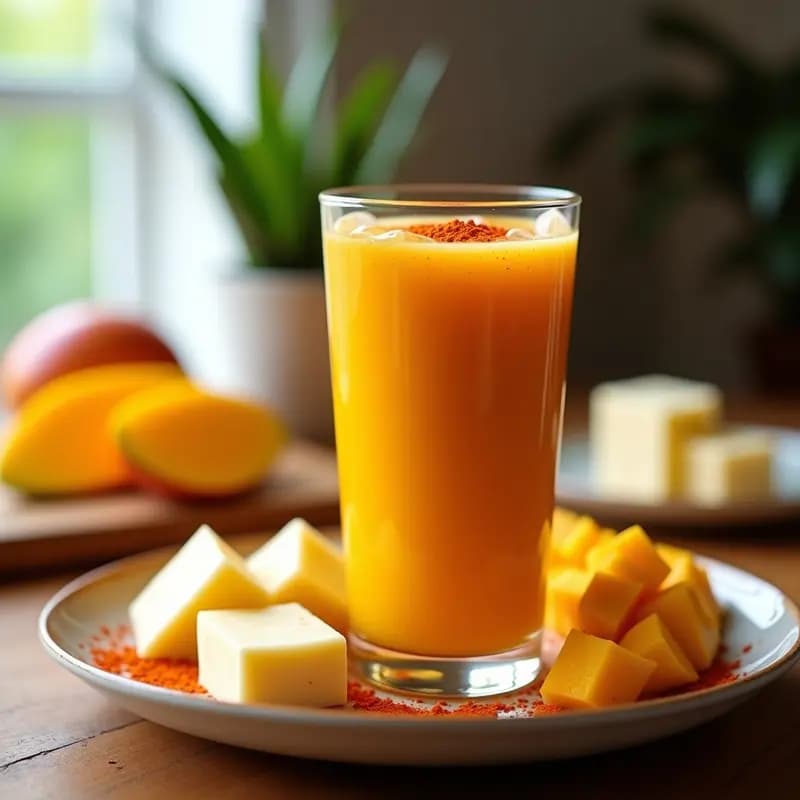 Vaso alto transparente con batido cremoso de color naranja intenso, coronado con un espolvoreado rojo de chile tajín. Al fondo, trozos de mango ataulfo y queso chesco sobre una tabla de madera rústica.