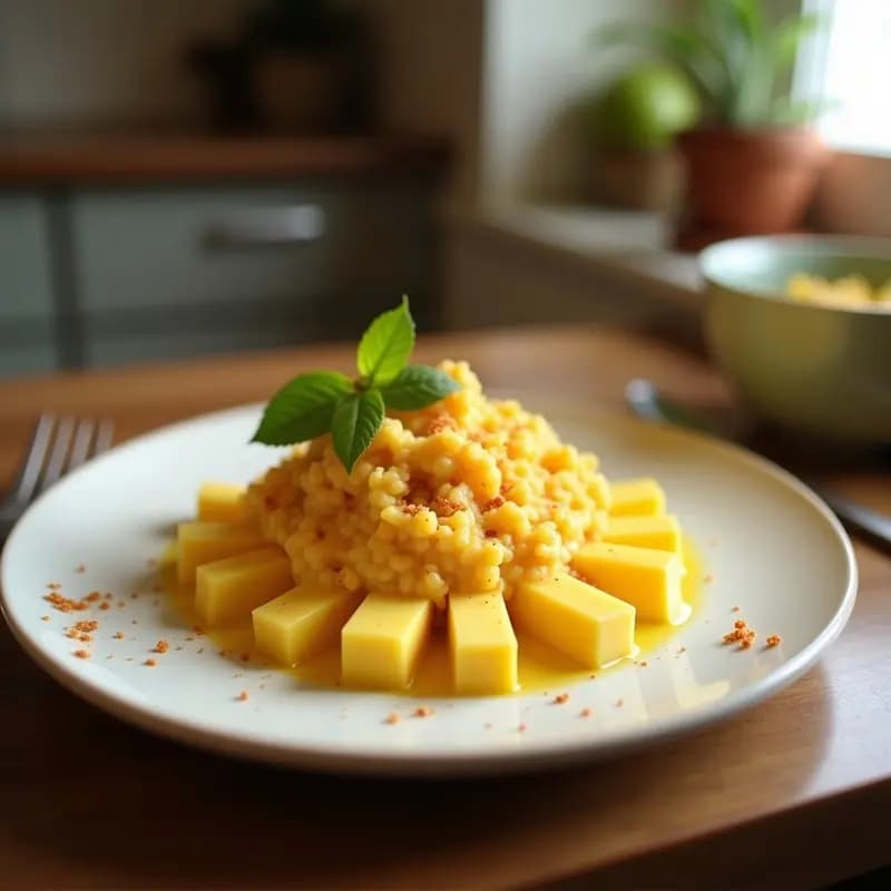 Vaso alto transparente con batido de mango y chía vegano, color amarillo vibrante con semillas de chía visibles en la superficie, decorado con rodaja de limón y hojas de menta, fondo borroso de cocina tropical.