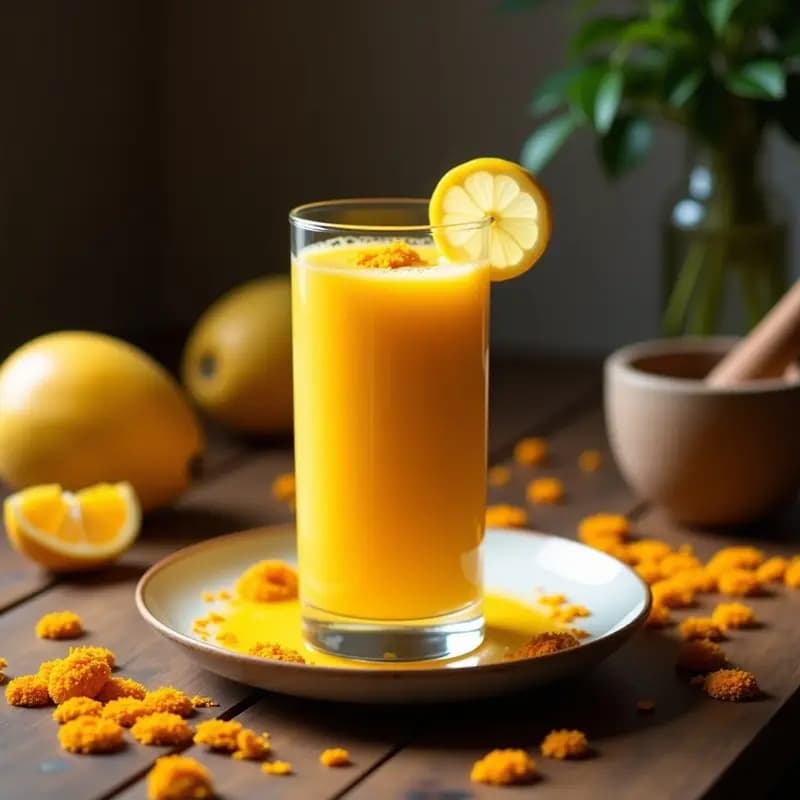 Vaso alto transparente con batido de mango y hua katil, de color amarillo vibrante, decorado con una rodaja de limón y pétalos de caléndula. Fondo rústico con flores de cempasúchil secas y trozos de mango fresco.