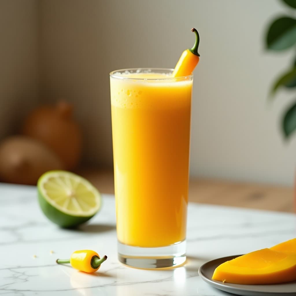 Vaso alto transparente con batido de mango, jengibre y pimiento amarillo, de color naranja vibrante con burbujas, decorado con rodaja de limón y trozo de pimiento amarillo, sobre fondo blanco con gotas de agua.