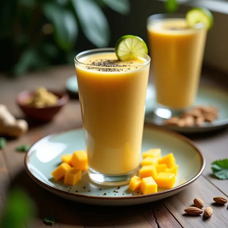 Vaso alto transparente con batido de mango y leche de almendras, coronado con trozos de mango fresco, una pizca de cardamomo en polvo y una rodaja de limón al lado. Fondo desenfocado con especias y hojas de menta.