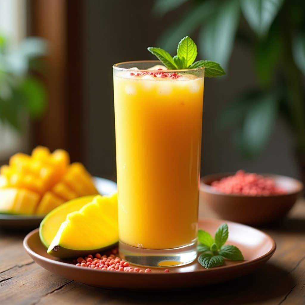 Vaso alto de cristal con batido espeso de mango amarillo brillante, espolvoreado con pimienta rosa molida y hojas de menta fresca, servido sobre una mesa de madera con rodajas de mango al lado. Bebida exótica sin azúcar con toque picante.