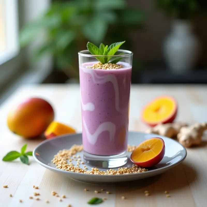 Vaso alto transparente con batido de mangostán y yogur, de color lila suave con vetas blancas, decorado con semillas de sésamo tostadas y una hoja de hierbabuena. Fondo de madera clara con trozos de mangostán y jengibre fresco alrededor.