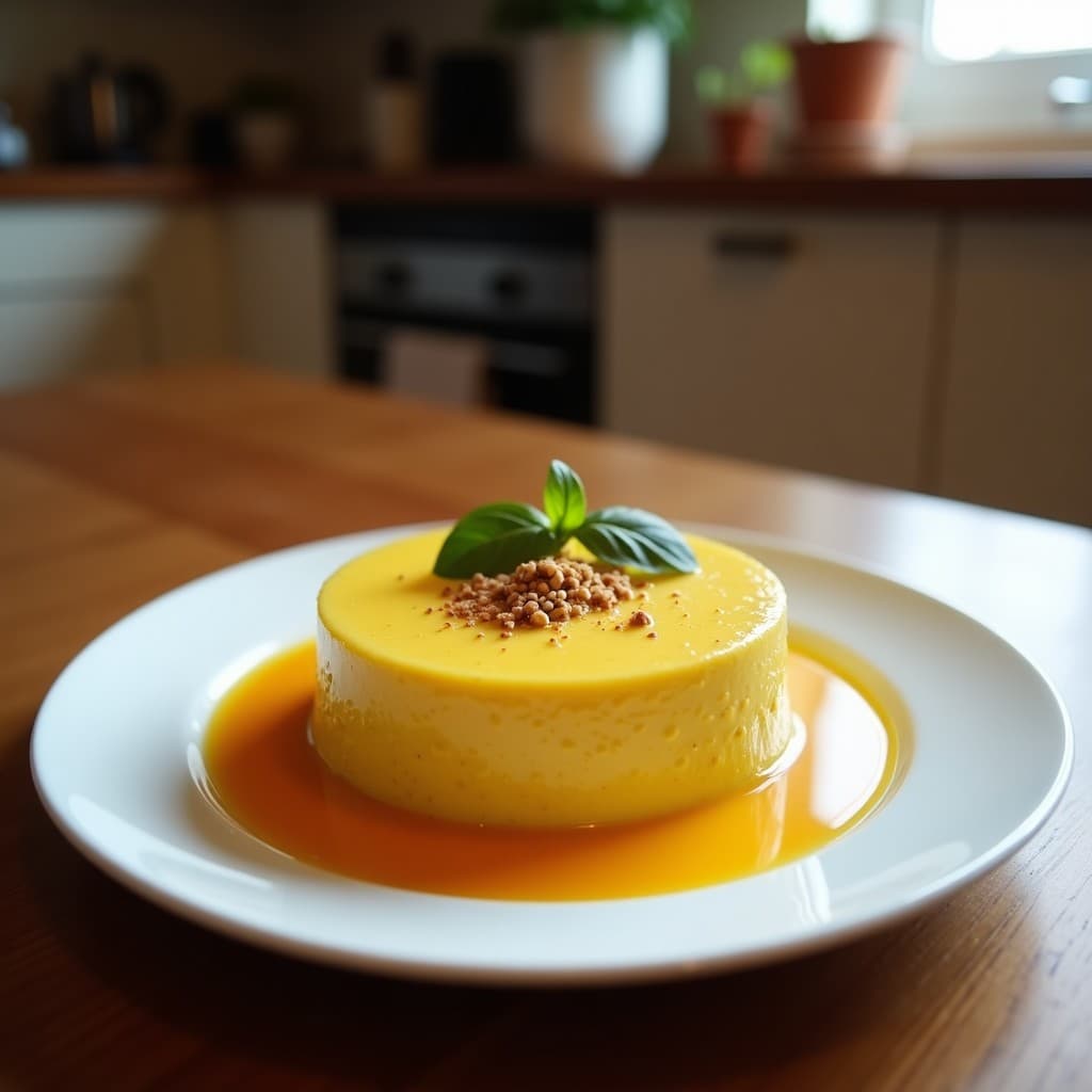 Vaso alto de cristal con batido de maracuyá y avena, color amarillo dorado con espuma cremosa, decorado con semillas de chía y rodajas de maracuyá fresco. Fondo de mesa de madera con hojas de plátano y una cucharita de madera. Bebida colombiana alta en fibra y antioxidantes para el desayuno.